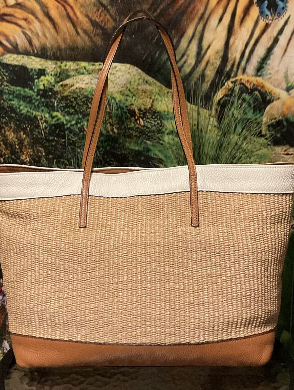 Supurb Leather Tote with Woven Straw & White Trim - Wonderful Condition